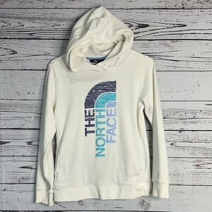 The North Face Cream Hoodie with Blue and Purple Logo